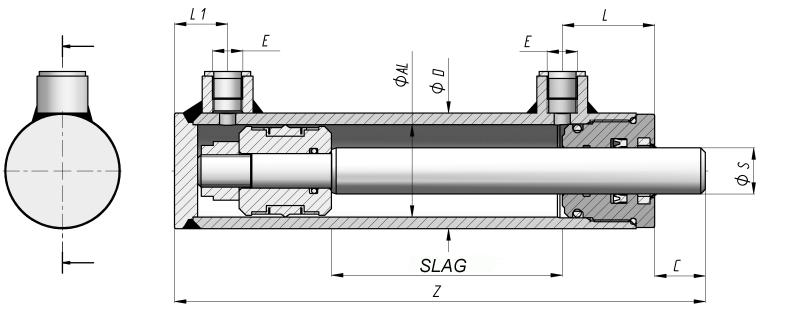 Hydraulische cilinder dubbelwerkend serie YDK Bestelnummer ØD ØAL ØS SLAG Z kg.