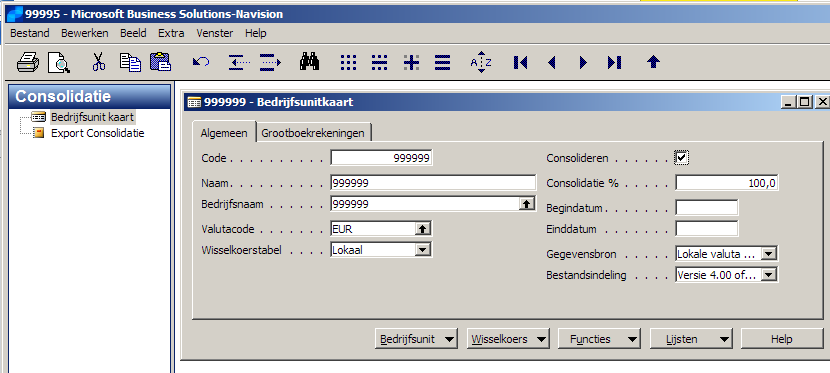 Stap 2 Bedrijfsunitkaart controleren in onderliggende bedrijven 99995 tot en met 99998 en 99999C Open een onderliggend bedrijf (bijvoorbeeld 99995) via het menu Bestand Bedrijf Openen.