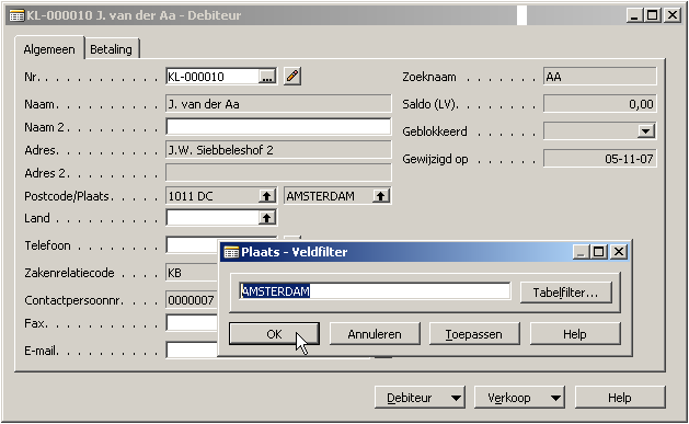 Veldfilter Op een scherm kunt u zelf een bepaalde filter plaatsen door op het gewenste veld te gaan staan. U klikt dan de knop Veldfilter aan.