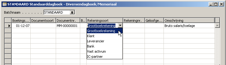 Stap 1. Selectie voor Grootboekrekening In het memoriaal kiest u in de regels bij de kolom Rekeningsoort voor Grootboekrekening. Ga verder naar de kolom Rekeningnr.