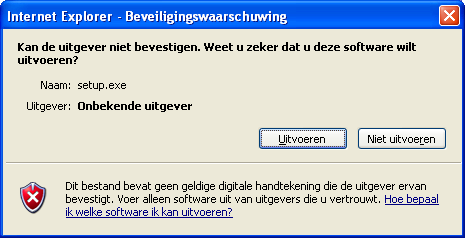 Galop wordt nu gedownload, na enige tijd verschijnt onderstaand scherm waar u wederom dient te klikken op Uitvoeren. U start nu de Setup, in het onderstaand scherm klikt u op Volgende.