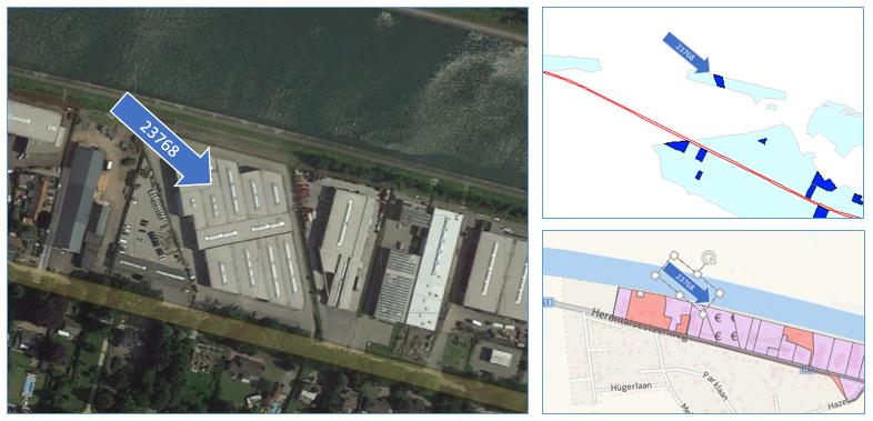 Voorbeeld van een geospatiale matching In het hierboven getoonde voorbeeld is duidelijk te zien dat perceel 23768 niet geschikt is als trailerparking omdat het terrein volledig bebouwd is met een