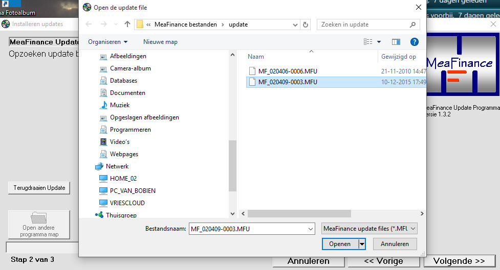 Het beginscherm heeft nog twee opties: Standaard wordt de update uitgevoerd in C:\Program Files\MeaFinance.