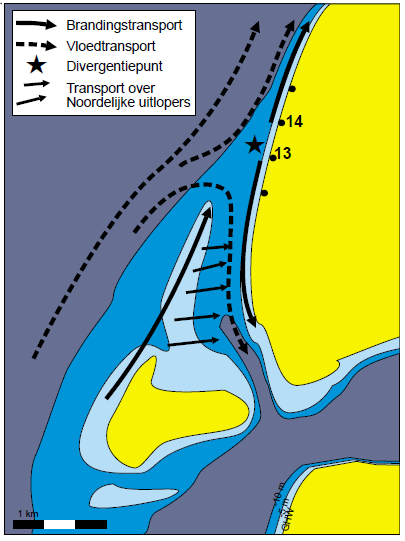 2.3 Eilandkust 2.3.1 Zandtransporten langs de (zuid-westelijke) eilandkust Cleveringa (2001) geeft een conceptuele beschrijving van de werking van het kustsysteem aan de zuidwestzijde van Texel.