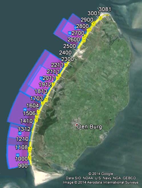 Figuur 4.3 Overzicht van alle aangebrachte suppleties op Texel, tot 2012. Linker figuur: blauw is vooroeversuppletie, geel is strandsuppletie.