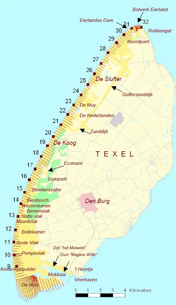 4.2 Primaire waterkering Texel De volgende gedetailleerde beschrijving van de primaire waterkering van Texel is afkomstig uit het rapport Toetsing Waterkering Texel 2005 Hoofdrapport