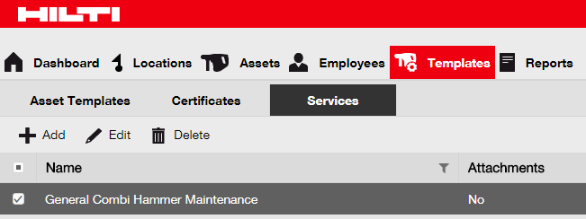 Hoe u een service kunt verwijderen Opmerking: services toegewezen aan activa kunnen niet worden verwijderd. Om deze services te verwijderen moeten eerst de activatoewijzingen worden verwijderd. 1.