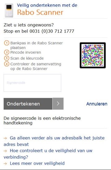 1.1.3. Tekenen met de Rabo Scanner De pop-over voor het tekenen met de Rabo Scanner verschijnt als er geen USB Reader is aangesloten.