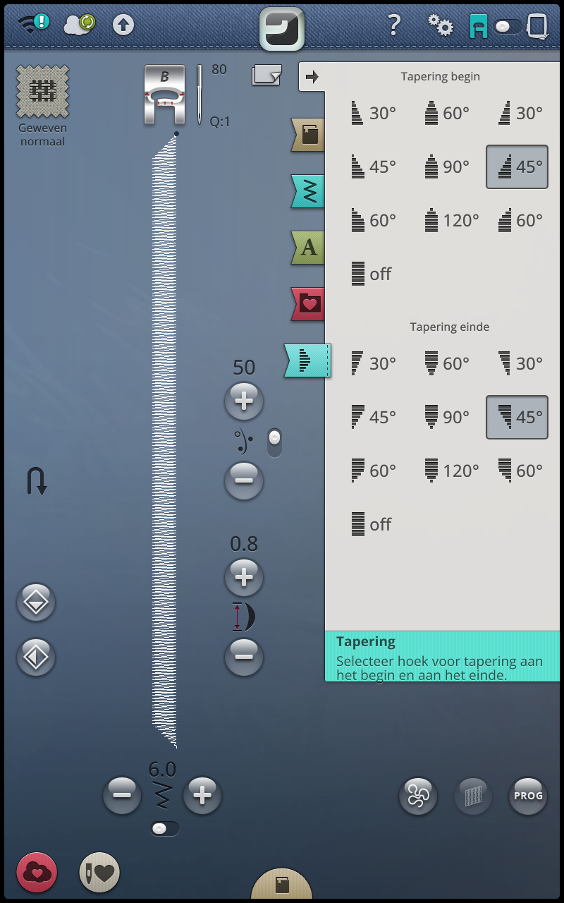 Taperingsteken Menu Q Het taperingmenu wordt zichtbaar wanneer een steek wordt geselecteerd die getaperd kan worden.