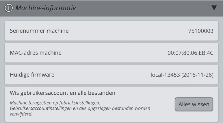 WiFi-instellingen Selecteer de WiFi-instellingen op uw machine. In Wifiinstellingen kunt u WiFi op uw machine inschakelen/ uitschakelen, naar beschikbare netwerken zoeken en verbinding maken.