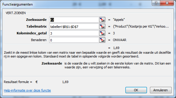 Kolom G: Hier wordt de kiloprijs van het product bepaald via de formule: =VERT.ZOEKEN(E2;tabellen!$B$1:$D$7;3;0)*ALS(JAAR(A2)=2015;1+tabellen!