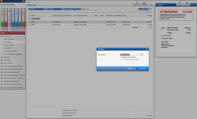 Zodra u de bon Op Rekening heeft afgeslagen verschijnt uw bon in backoffice; map kassa> Kassabonnen> Op Rekening. Zoek de desbetreffende bon op. U selecteert de bon en drukt rechtsboven op Factureren.
