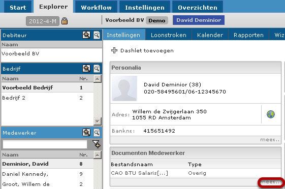 Dashlet Documenten Medewerker U kunt ook documenten toevoegen of wijzigen via het dashlet Documenten Medewerker, klik op meer. Document toevoegen 1.