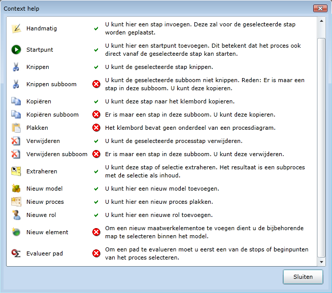 Context Help Wanneer u het volgende selecteert: een element in het Project-venster; een processtap in het Proces-venster; een groep of een rol in het Menscapaciteit-venster; kunt u