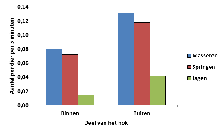 Figuur 4 Aantal acties masseren, springen en achtervolgen per dier per 5 minuten in de grote groep, de kleine berengroepen en de kleine gemengde groepen Figuur 5 Aantal keer masseren, bespringen en