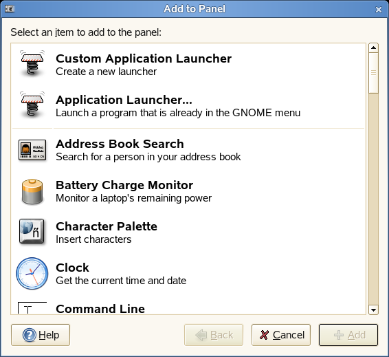 Figuur 1-4 Dialoogvenster Toevoegen aan paneel Hieronder volgen enkele handige applets: Tabel 1-2 Enkele handige applets Applet Dictionary lookup (Opzoeken in woordenlijst) Force Quit (Afsluiten
