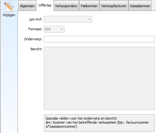 Standaard e-mail layouts instellen De andere beschikbare e-mail beheer tabbladen zien er als volgt uit: U heeft de keuze uit de volgende tabbladen: Offertes Verkooporders Pakbonnen Verkoopfacturen