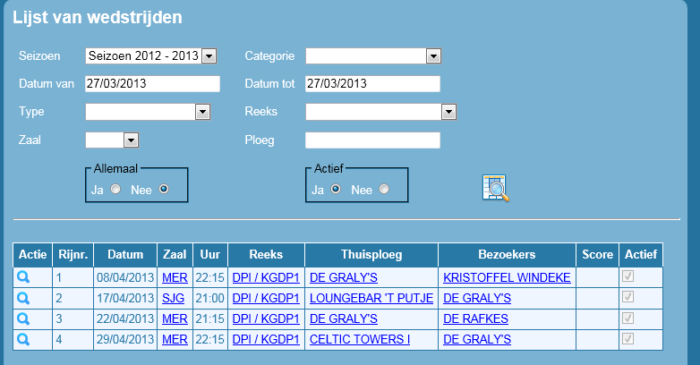 Competities 5. Competities a. Wedstrijden Hier kan u de wedstrijden terugvinden van uw club en kan u verschillende filters instellen.