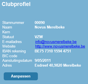 Clubs 3. Clubs a. Profiel Binnen het clubprofiel kan u als clubsecretaris de contactgegevens van uw club opvragen en eventueel aanpassen. b.