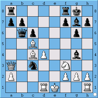 De Molewiek; diagram 3 : (na 16. Lc7-c5) Zeer beroemd tenslotte is het fragment in de volgende partij tussen Donald Byrne en Bobby Fisher, die in 1956 werd gespeeld in New York.