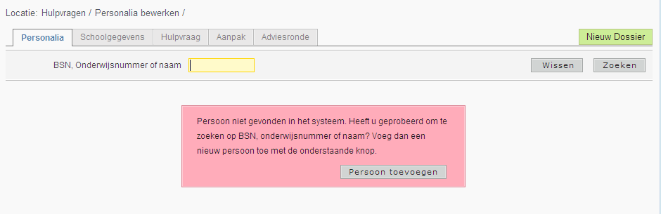 2. Starten met een aanvraag Als je een nieuwe leerling wilt aanmelden klik je op Toevoegen onderin. Je komt nu in het volgende scherm: Vul de achternaam van de leerling in en klik op Zoeken.