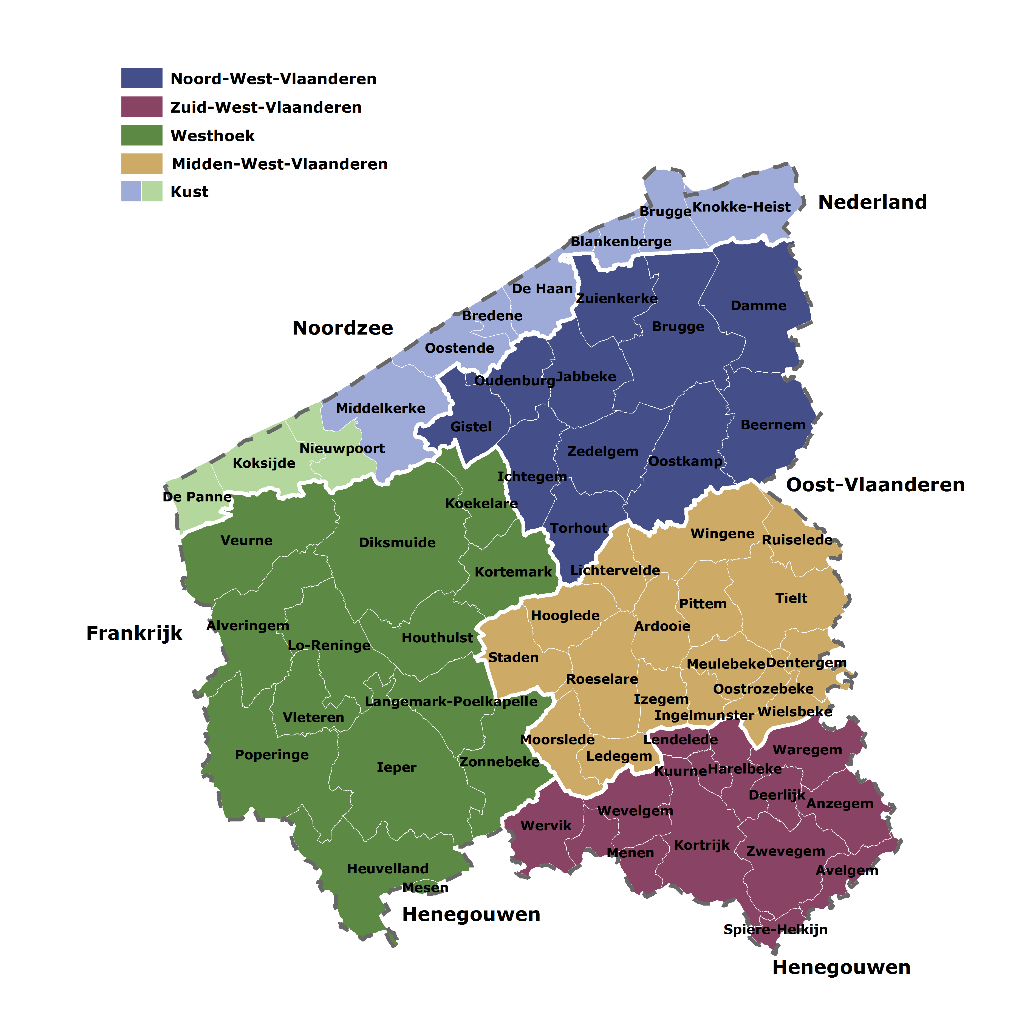 Situering van de regio Kust 10 gemeenten: De Panne, Koksijde, Nieuwpoort, Middelkerke,