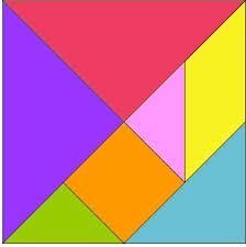 18 Tangram puzzel Een tangram is een beroemde Chinese puzzel bestaande uit 7 puzzelstukjes: 5 gelijkbenige rechthoekige driehoeken van 3 verschillende grootten, 1 vierkant, 1 parallellogram.