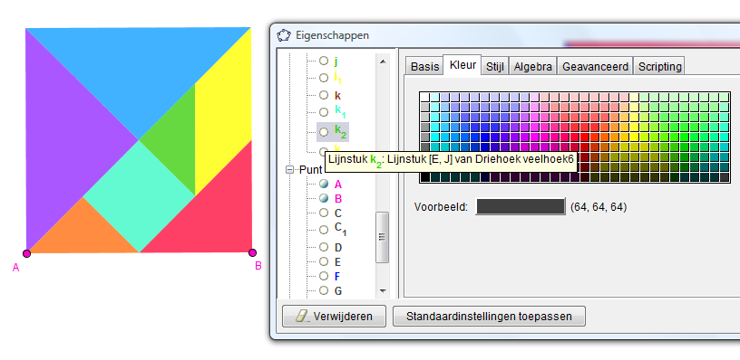 Werkwijze 2 voor het inkleuren van veelhoeken: Selecteer de in te kleuren veelhoek Afhankelijk van het gekozen object, verschijnt er links bovenaan het tekenvenster een Opmaakbalk.