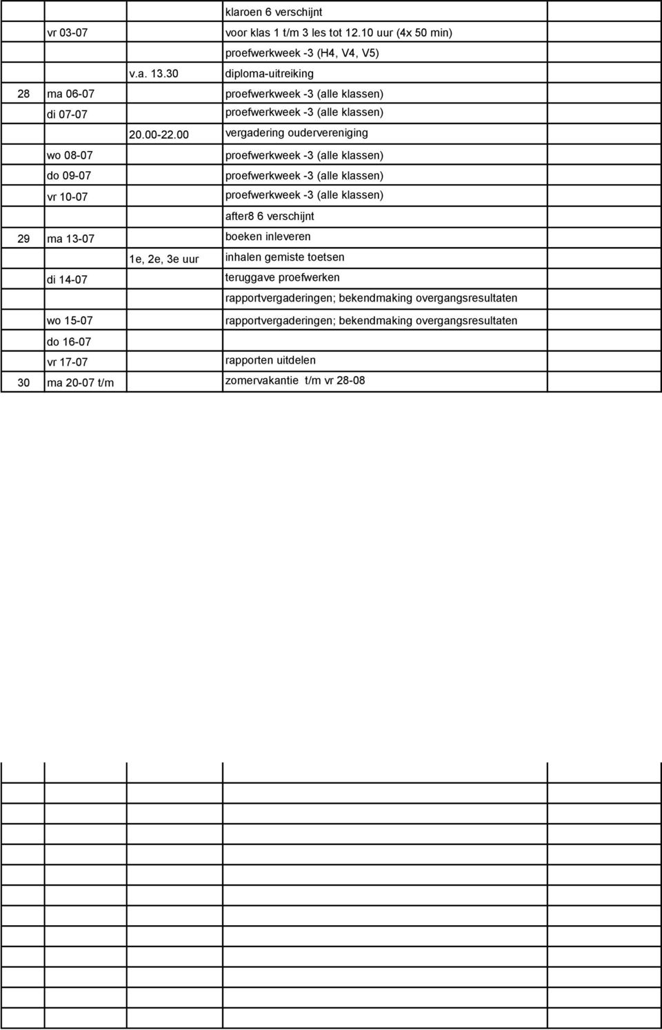 proefwerkweek -3 (alle klassen) vr 10-07 proefwerkweek -3 (alle klassen) after8 6 verschijnt 29 ma 13-07 boeken inleveren 1e, 2e, 3e uur inhalen gemiste toetsen di
