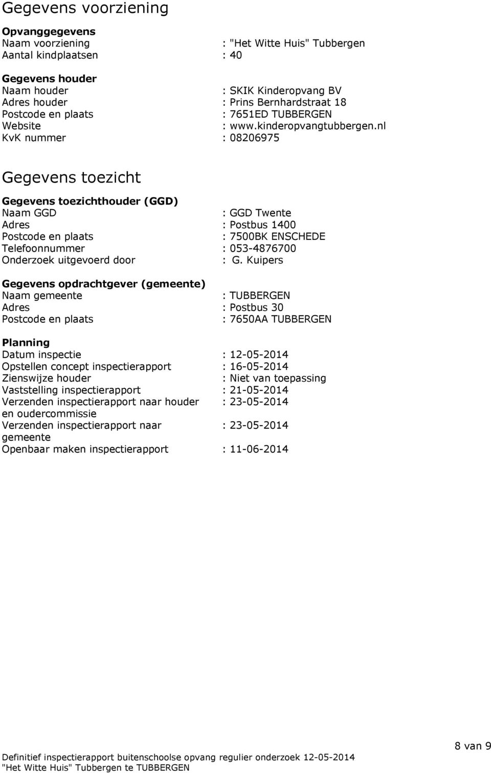 nl KvK nummer : 08206975 Gegevens toezicht Gegevens toezichthouder (GGD) Naam GGD : GGD Twente Adres : Postbus 1400 Postcode en plaats : 7500BK ENSCHEDE Telefoonnummer : 053-4876700 Onderzoek