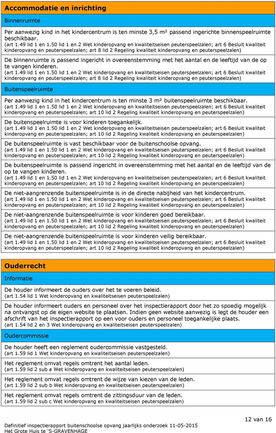 kinderopvang en peuterspeelzalen; art 8 lid 2 Regeling kwaliteit kinderopvang en Buitenspeelruimte Per aanwezig kind in het kindercentrum is ten minste 3 m² buitenspeelruimte beschikbaar.