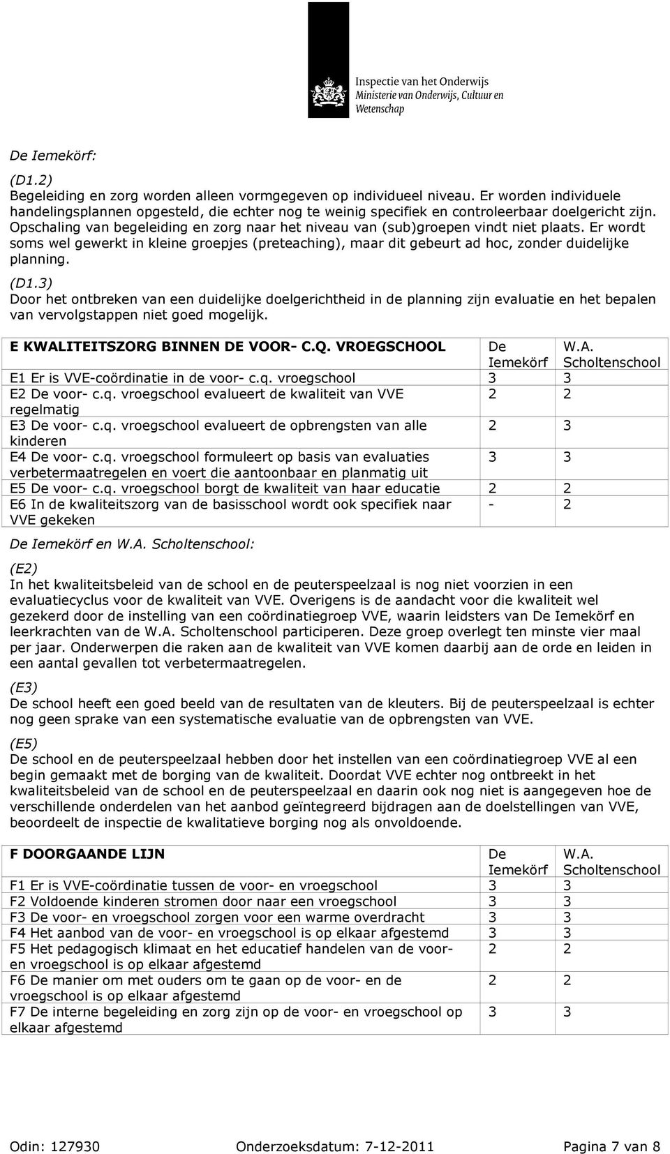 (D1.3) Door het ontbreken van een duidelijke doelgerichtheid in de planning zijn evaluatie en het bepalen van vervolgstappen niet goed mogelijk. E KWALITEITSZORG BINNEN DE VOOR- C.Q.