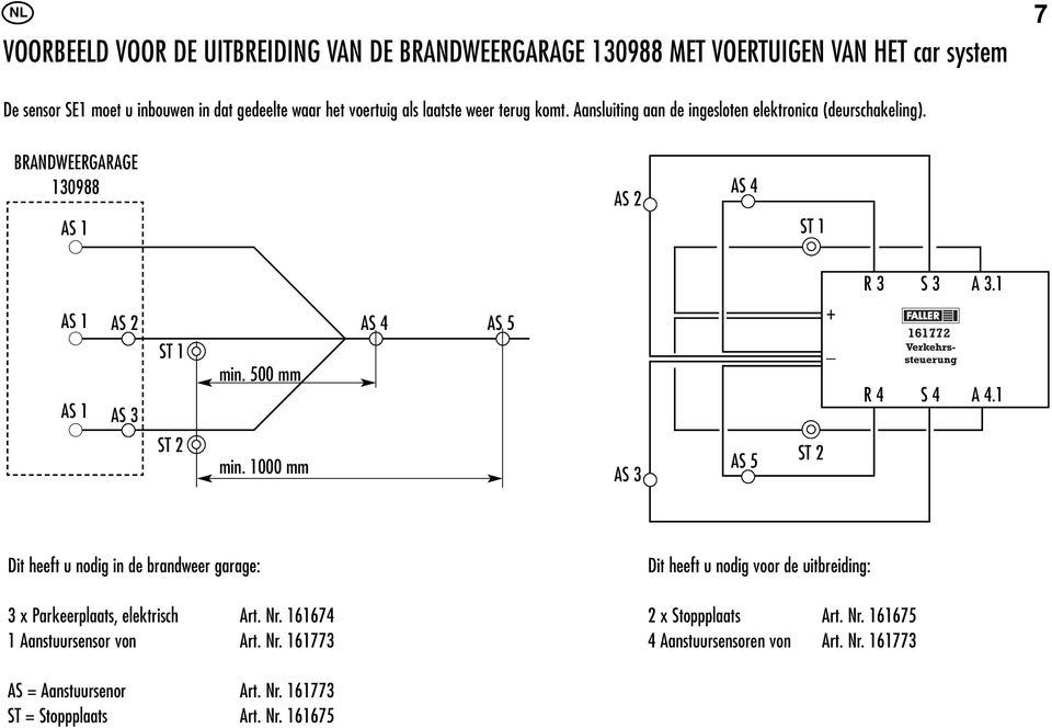 1000 mm AS 4 AS 5 AS 3 AS 5 + _ R 3 R 4 S 3 A 3.1 S 4 A 4.1 Dit heeft u nodig in de brandweer garage: 3 x Parkeerplaats, elektrisch Art. Nr. 161674 1 Aanstuursensor von Art.