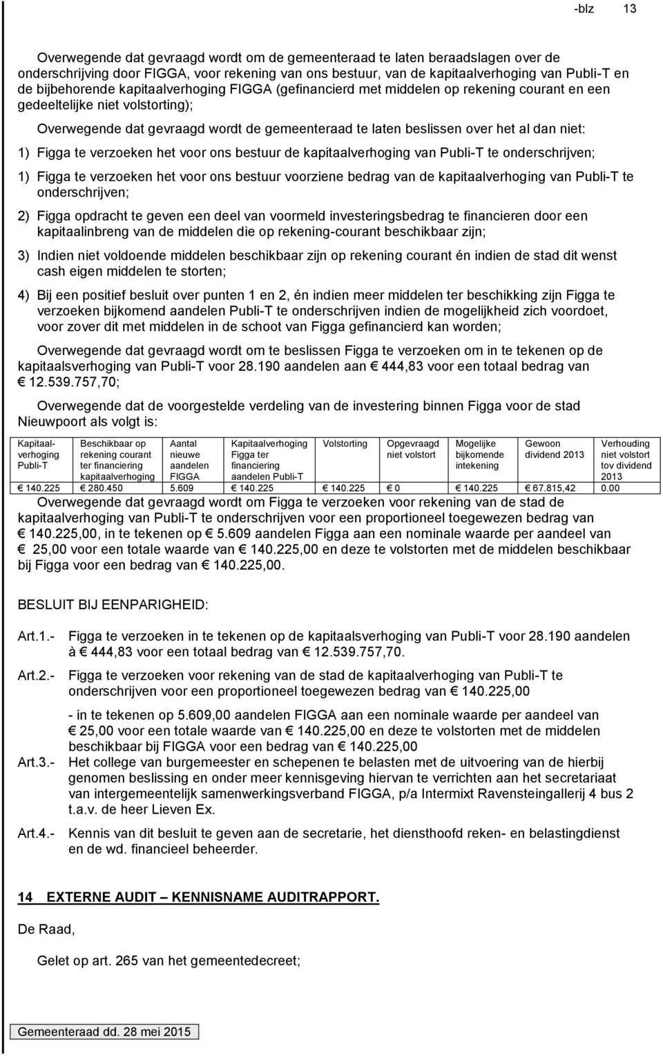 1) Figga te verzoeken het voor ons bestuur de kapitaalverhoging van Publi-T te onderschrijven; 1) Figga te verzoeken het voor ons bestuur voorziene bedrag van de kapitaalverhoging van Publi-T te