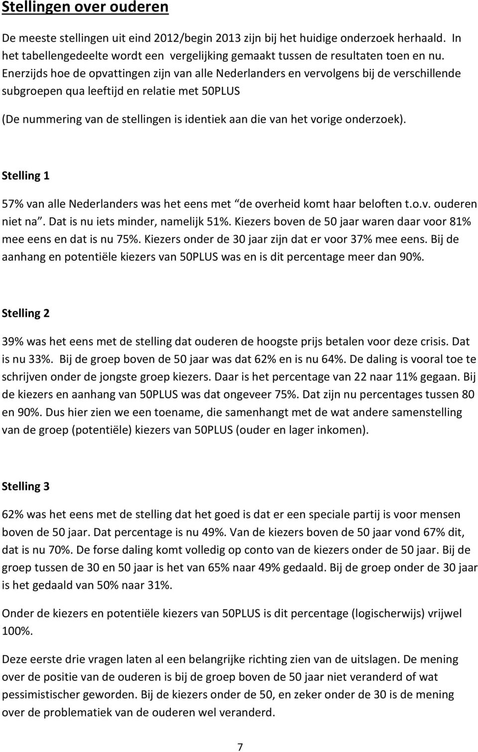 vorige onderzoek). Stelling 1 57% van alle Nederlanders was het eens met de overheid komt haar beloften t.o.v. ouderen niet na. Dat is nu iets minder, namelijk 51%.