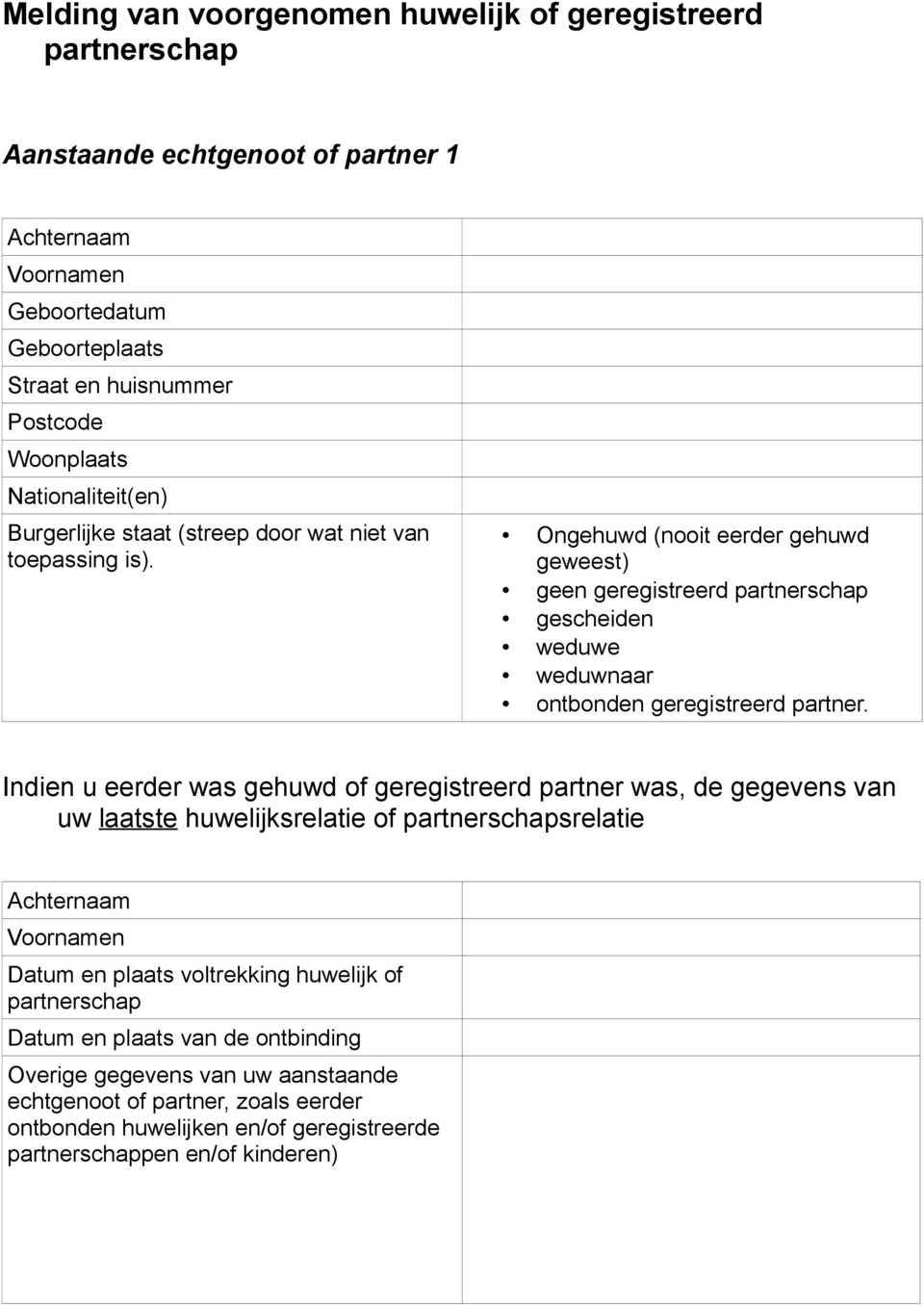 Ongehuwd (nooit eerder gehuwd geweest) geen geregistreerd gescheiden weduwe weduwnaar ontbonden geregistreerd partner.