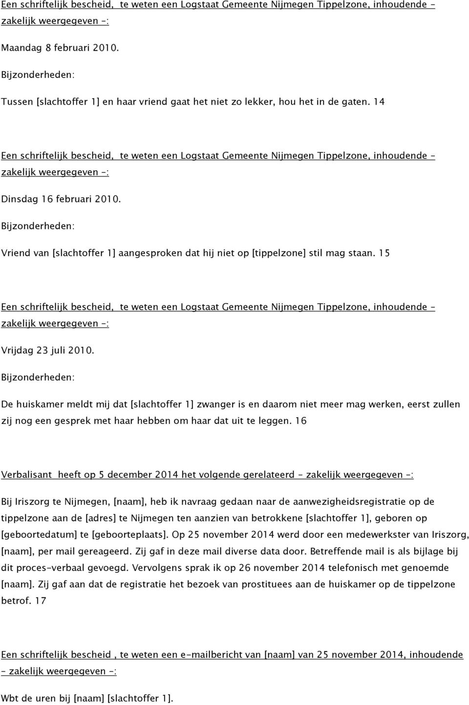 14 Een schriftelijk bescheid, te weten een Logstaat Gemeente Nijmegen Tippelzone, inhoudende zakelijk weergegeven : Dinsdag 16 februari 2010.