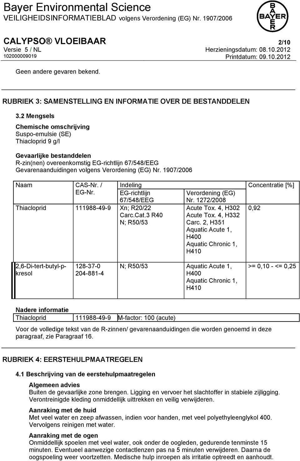 1907/2006 Naam CAS-Nr. / Indeling EG-Nr. EG-richtlijn 67/548/EEG Thiacloprid 111988-49-9 Xn; R20/22 Carc.Cat.3 R40 N; R50/53 Verordening (EG) Nr. 1272/2008 Acute Tox. 4, H302 Acute Tox. 4, H332 Carc.
