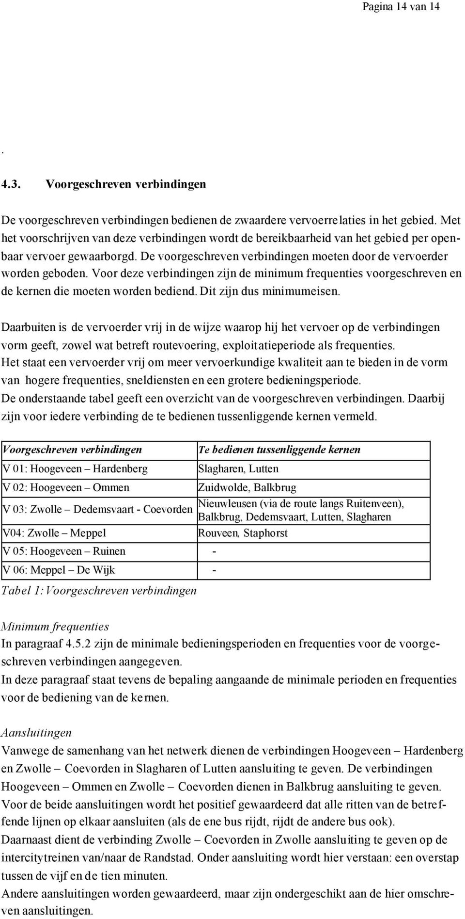 Voor deze verbindingen zijn de minimum frequenties voorgeschreven en de kernen die moeten worden bediend. Dit zijn dus minimumeisen.