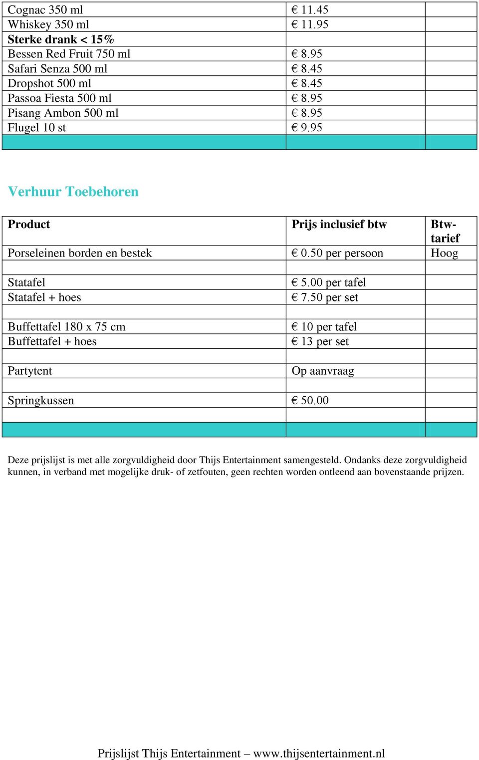 50 per persoon Statafel Statafel + hoes Buffettafel 180 x 75 cm Buffettafel + hoes Partytent 5.00 per tafel 7.