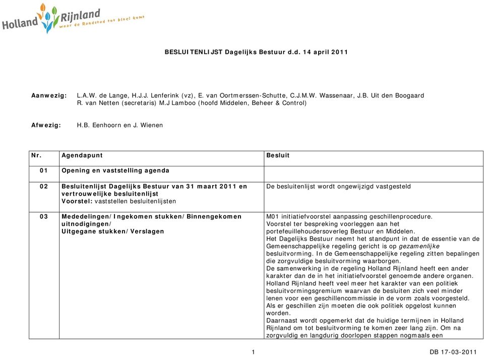 Agendapunt Besluit 01 Opening en vaststelling agenda 02 Besluitenlijst Dagelijks Bestuur van 31 maart 2011 en vertrouwelijke besluitenlijst Voorstel: vaststellen besluitenlijsten 03