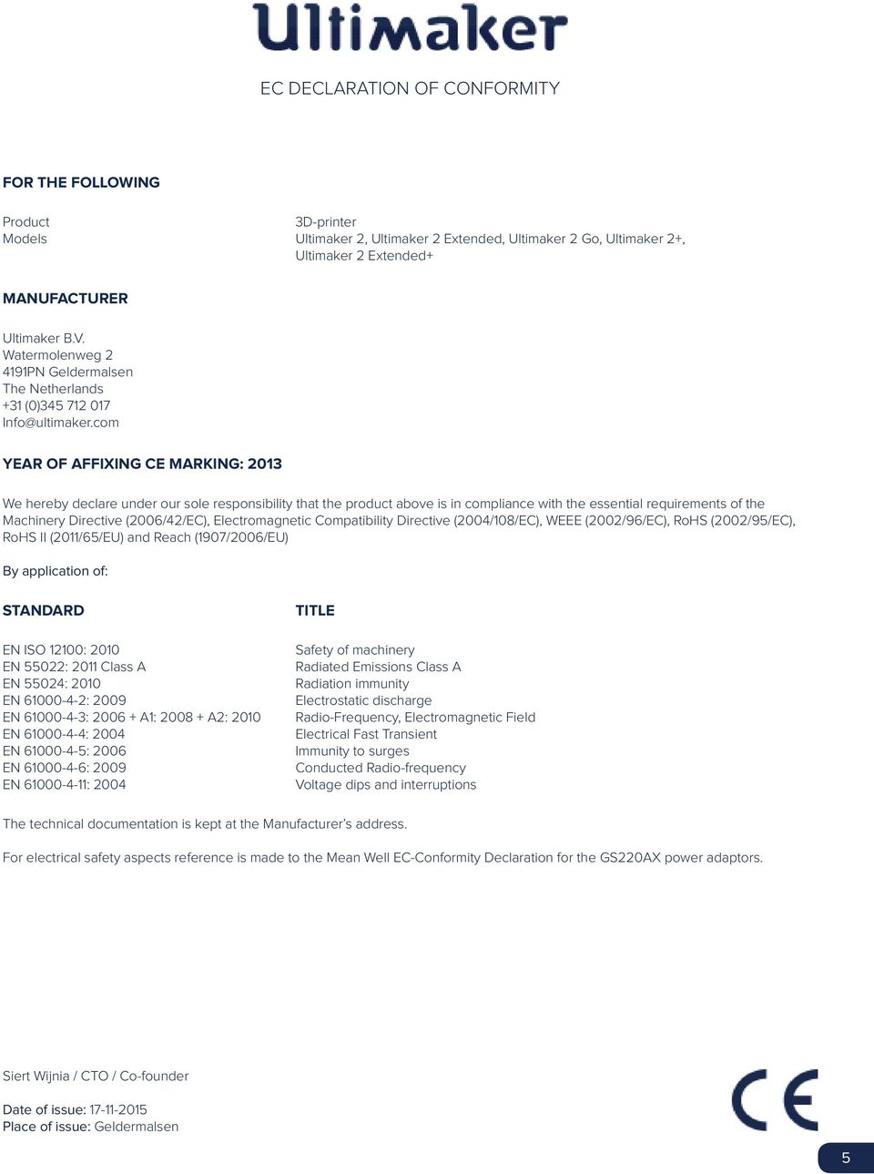 com YEAR OF AFFIXING CE MARKING: 2013 We hereby declare under our sole responsibility that the product above is in compliance with the essential requirements of the Machinery Directive (2006/42/EC),