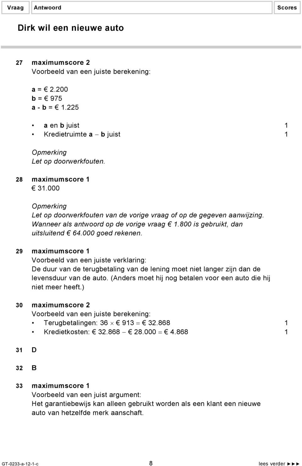 29 maximumscore 1 De duur van de terugbetaling van de lening moet niet langer zijn dan de levensduur van de auto. (Anders moet hij nog betalen voor een auto die hij niet meer heeft.