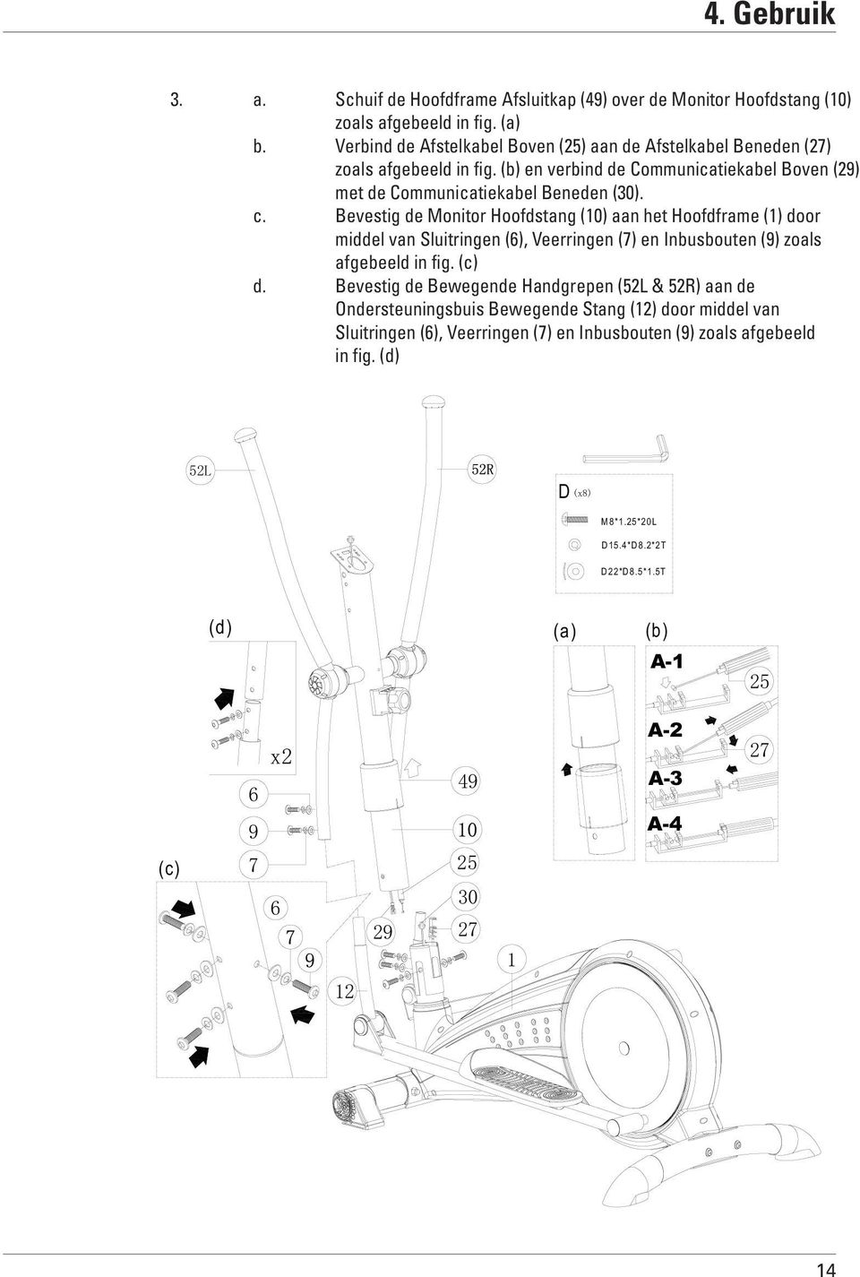 Bevestig de Monitor Hoofdstang (10) aan het Hoofdframe (1) door middel van Sluitringen (6), Veerringen (7) en Inbusbouten (9) zoals afgebeeld in fig. (c) d.