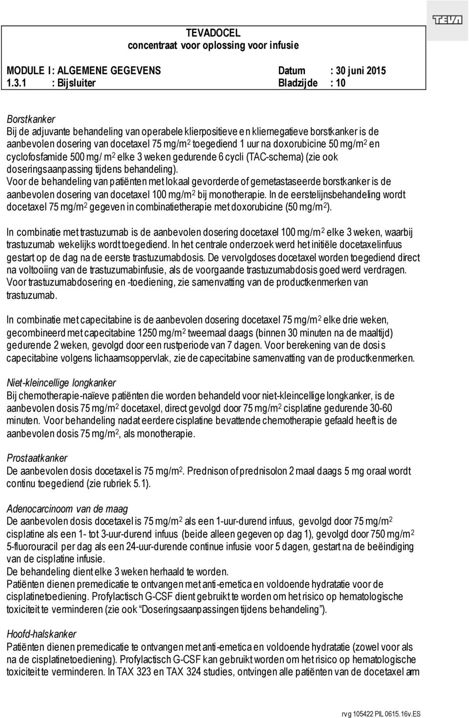 Voor de behandeling van patiënten met lokaal gevorderde of gemetastaseerde borstkanker is de aanbevolen dosering van docetaxel 100 mg/m 2 bij monotherapie.