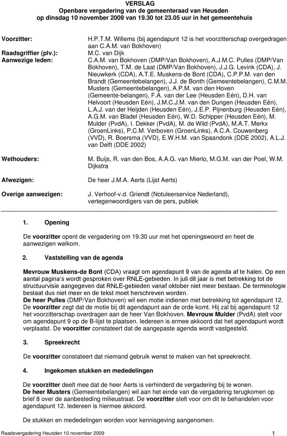 M. de Laat (DMP/Van Bokhoven), J.J.G. Levink (CDA), J. Nieuwkerk (CDA), A.T.E. Muskens-de Bont (CDA), C.P.P.M. van den Brandt (Gemeentebelangen), J.J. de Bonth (Gemeentebelangen), C.M.M. Musters (Gemeentebelangen), A.