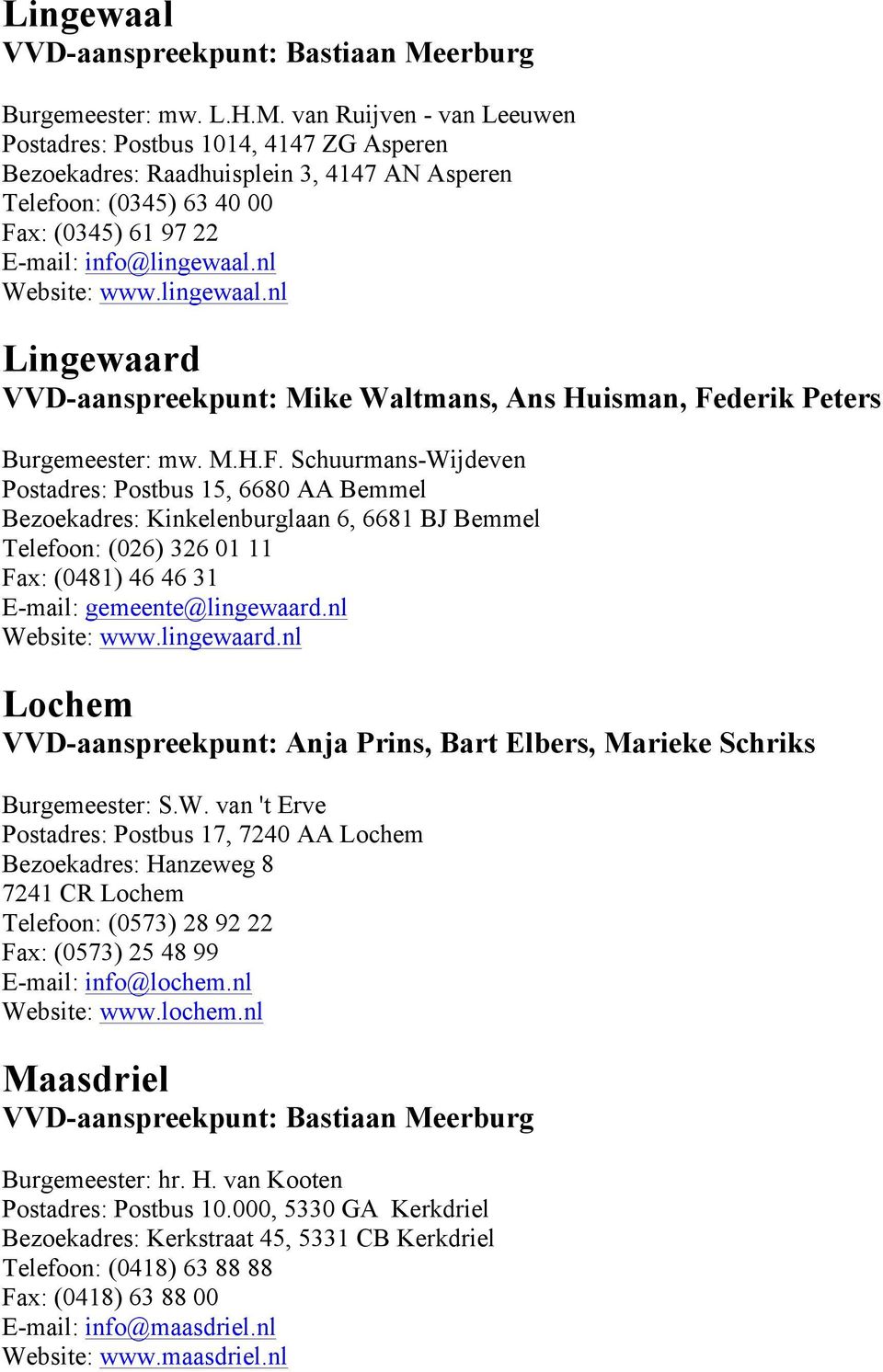 lingewaal.nl Lingewaard VVD-aanspreekpunt: Mike Waltmans, Ans Huisman, Fe