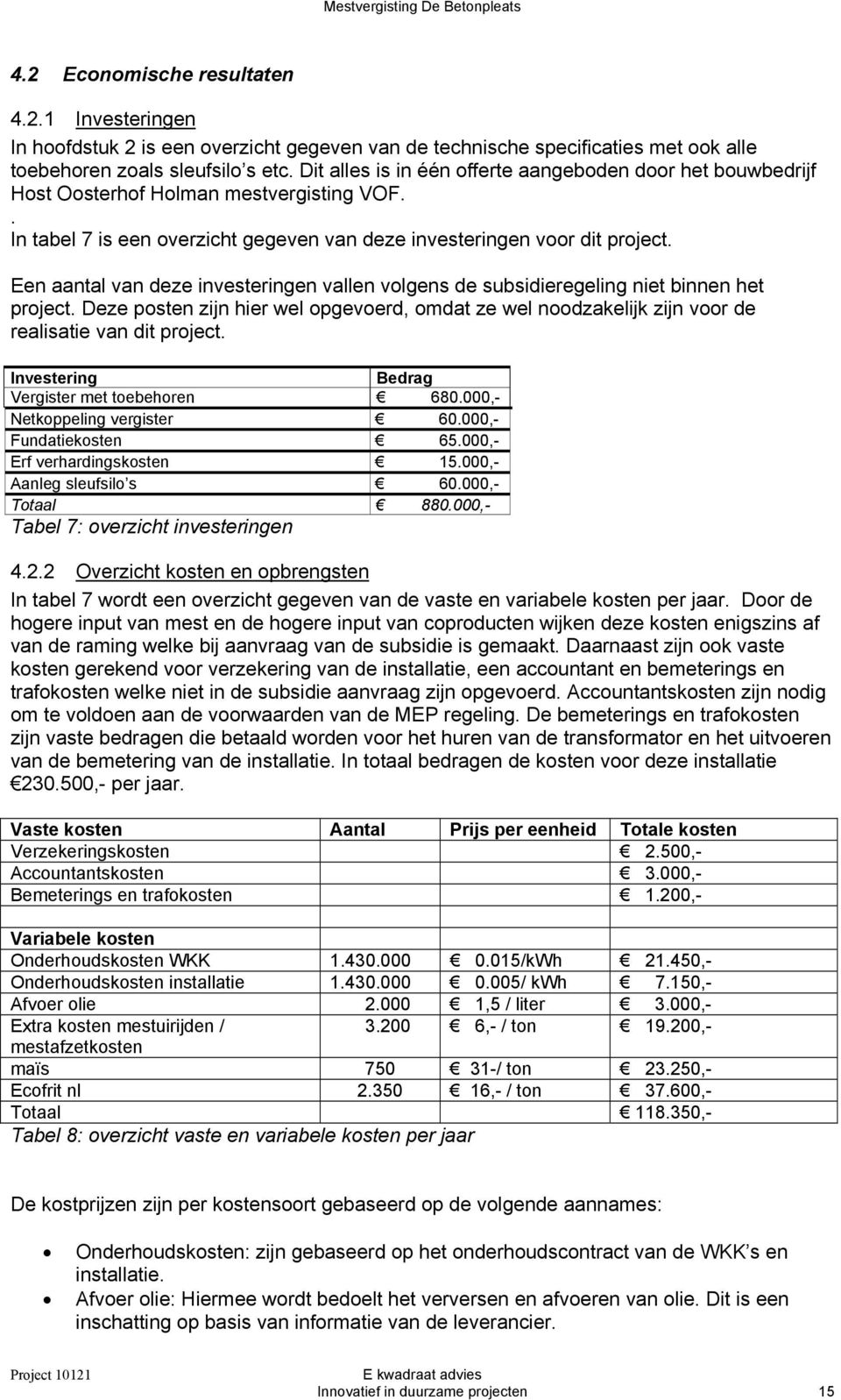 Een aantal van deze investeringen vallen volgens de subsidieregeling niet binnen het project. Deze posten zijn hier wel opgevoerd, omdat ze wel noodzakelijk zijn voor de realisatie van dit project.