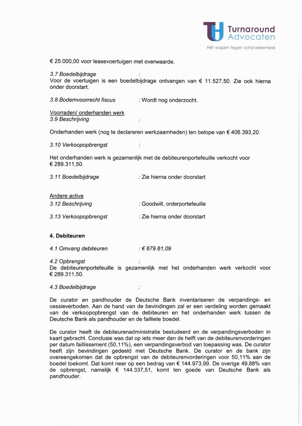 311,50. 3.11 Boede/bijdrage : Zie hierna onder doorstart Andere activa 3. 12 Beschrijving : Goodwill, orderportefeuille 3. 13 Verkoopopbrengst : Zie hierna onder doorstart 4. Debiteuren 4.