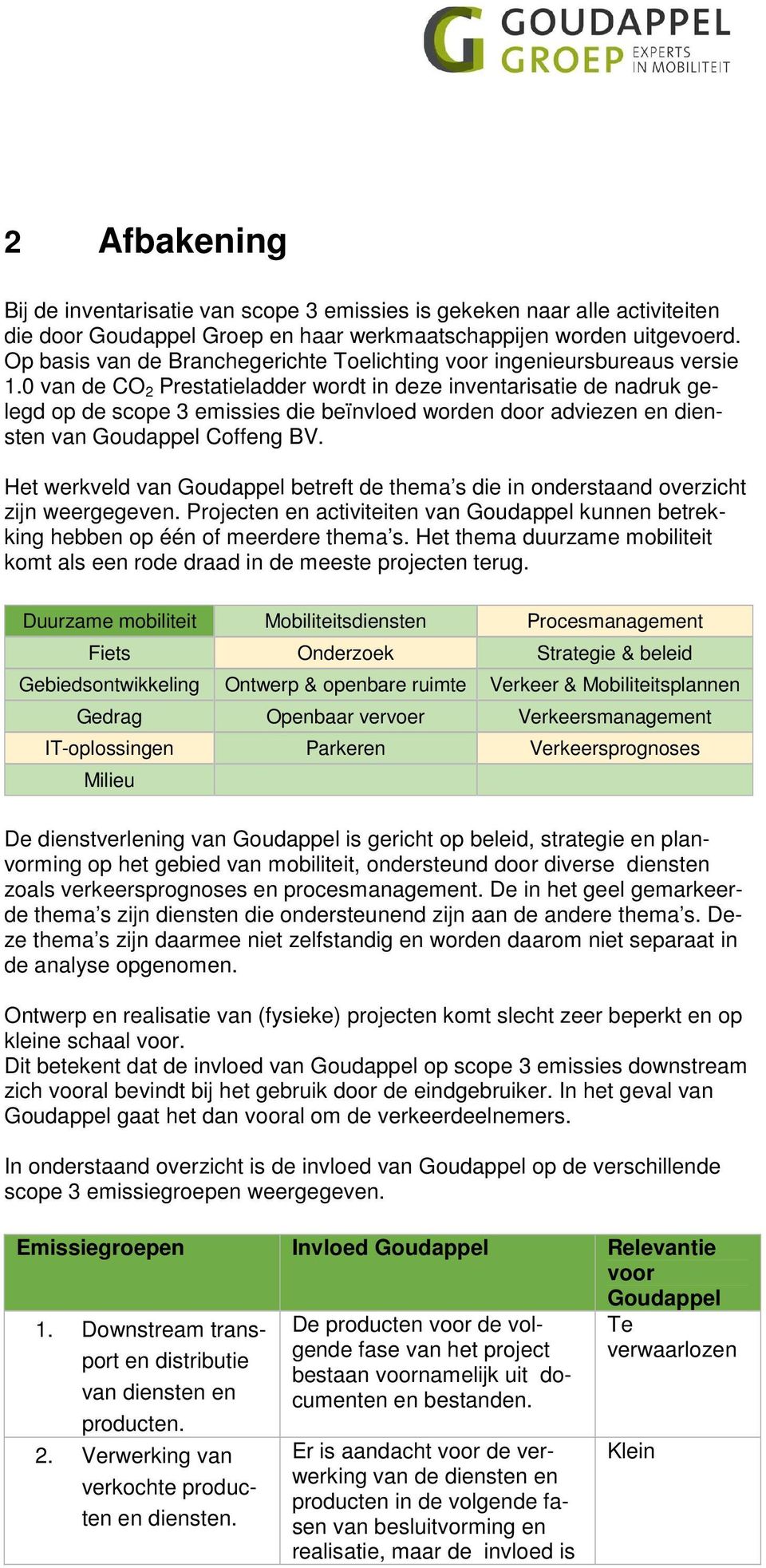 0 van de CO 2 Prestatieladder wordt in deze inventarisatie de nadruk gelegd op de scope 3 emissies die beïnvloed worden door adviezen en diensten van Goudappel Coffeng BV.